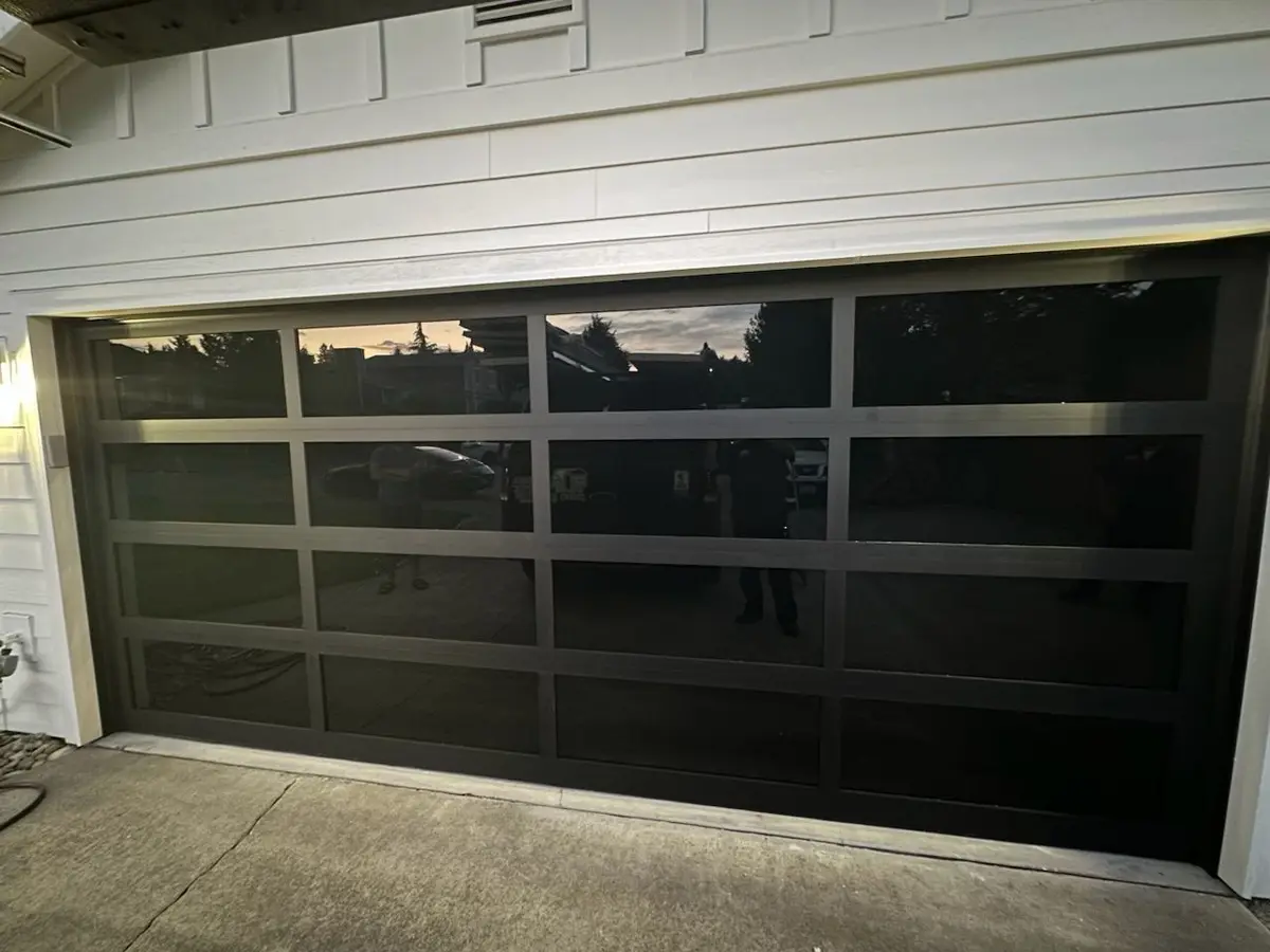 Black framed full view glass garage door