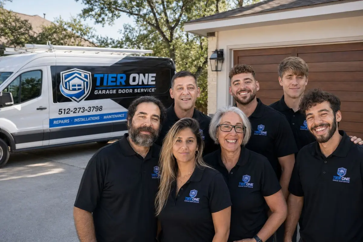 The Tier One Garage Door Service team standing in front of their service van in Austin