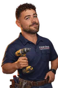 Illustration of a Tier One Garage Door Service technician holding a drill